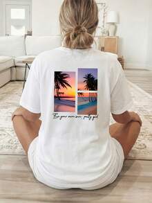 This Women's T-Shirt Features A Double-Sided Print With Short Sleeves And A Crew Neck, Showcasing Two Images Of Palm Trees And A Sunset On The Beach, Accompanied By English Text At The Bottom. It's Machine Washable And Suitable For Casual Wear. Perfect For A Beach Outfit, Summer Look, Vacation Style With Green Tropical Plants, Beach Stroll, Limited Summer Edition, And A Cool And Comfortable Option For Summer Travel. - 白色 - 查看 2
