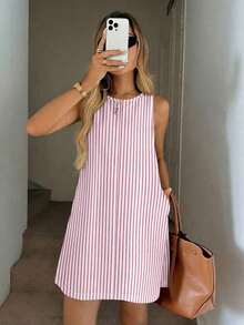 Vestido casual de mujer de línea A sin mangas a rayas con bolsillos acolchados, conjunto elegante de vacaciones, estilo retro lujoso - Multicolor 8 - Ver 2