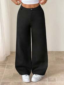 Pantalones anchos casuales y sueltos con bolsillos para mujer - Negro 4 - Ver 8