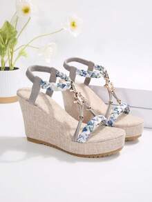 Women's Fashion Round Toe Open Toe Summer Plus Size Bohemian Style Platform Wedge Sandals - Blue - View 6