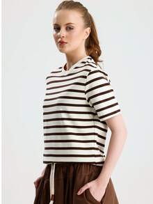 RoseArya Cotton Contrast Ecru Collar Brown Striped T-Shirt - Brown - View 4