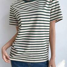 Camiseta de mujer de manga corta, cuello redondo y rayas, de estilo casual para el verano - Azul - Ver 8