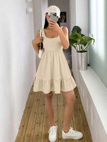 Vestido casual de mujer de unicolor con volantes en el bajo, para verano - Albaricoque - Ver 1