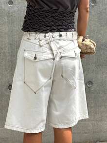 Women's Stylish, Plain-Colored, Loose-Fitting Denim Shorts With A Zip And Button Closure, Knee-Length, Ideal For The Beach And Everyday Wear. - 白色 - 查看 3