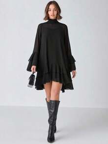 Vestido elegante de manga larga con cuello alto y diseño de capas en unicolor para mujer - Negro - Ver 5