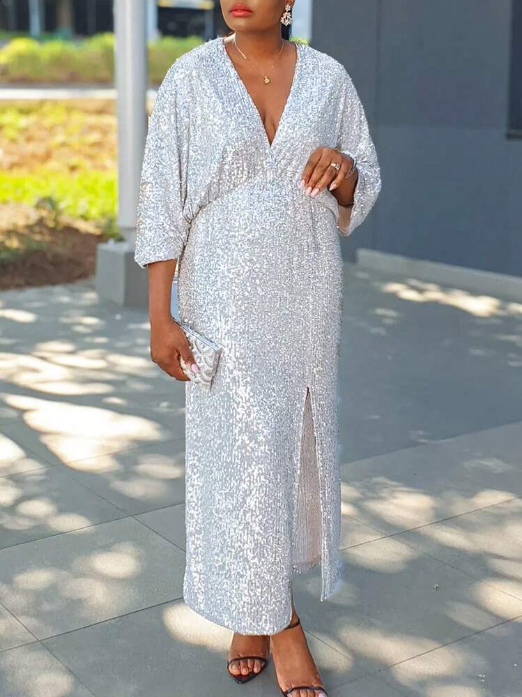 Plus Size Sequined Maxi Dress With Side Slit For Women - 米白色 - 查看 1