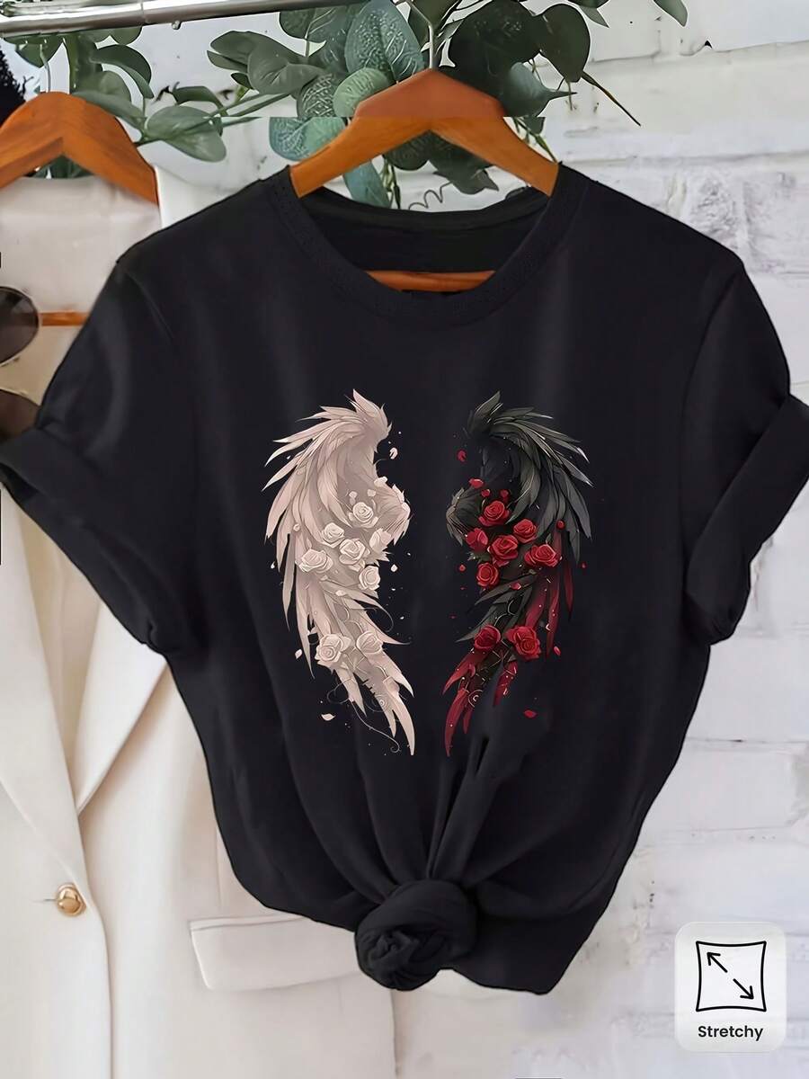 Plus Size - Plus Size - Women's Elegant Gothic Phoenix Bird Print Short Sleeve T-Shirt, Ideal For Curvy Figures, Comfortable And Chic Clothing For All Seasons, Perfect For Everyday Casual Outfits And Urban Style Essentials. - 黑色 - 查看 1