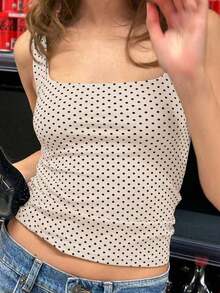 Top de punto con estampado de lunares blancos en estilo , blusa sin mangas adecuada para la playa, el trayecto y el uso casual de verano - Albaricoque - Ver 6