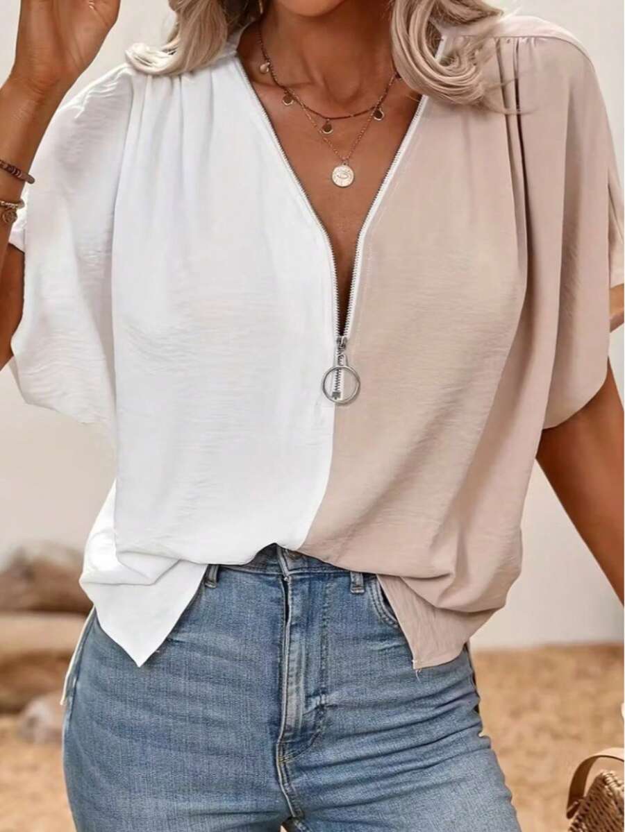 Women's Casual Everyday Contrast Color Zip-Up Batwing Sleeve Blouse, Summer - White - View 1