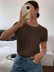 Camiseta de manga corta de unicolor casual para mujer, verano - Café integral - Ver 8