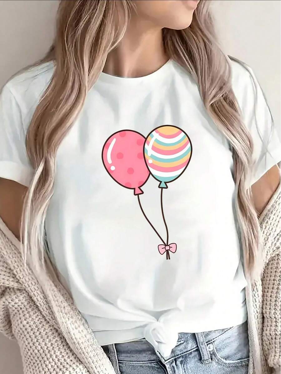 The 2026 Lightweight And Comfortable Short-Sleeved T-Shirt, Featuring A Bright Balloon Design, Is Perfect For Casual Outings Or Relaxing At Home, Making It An Ideal Choice For Everyday Wear In The Living Room Or A Coffee Shop. - 白色 - 查看 1