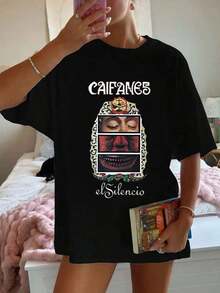 Women's Casual Graphic T-Shirt, 1 Piece Set. Beautiful Blouses For Women. Women's Clothing Sets. El Silencio White T-Shirts And T-Shirt With Printed Face Design. High-Quality Print. Round Neck. Basic Loose Fit. Breathable. Versatile. Machine Washable. Comfortable Sizes S-3XL. Essential For Casual And Sporty Daily Wear. Summer. - 黑色 - 查看 12