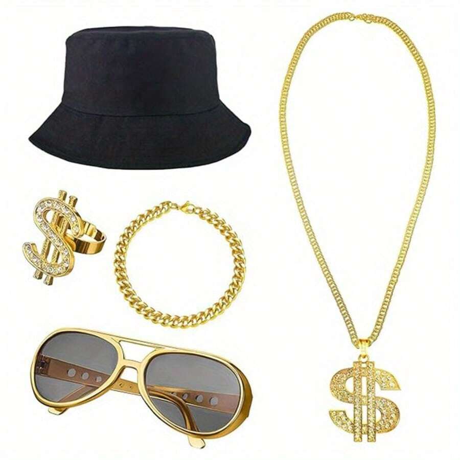 5pcs 80s 90s Hip Hop Style Accessory Set, Including Hat, Sunglasses, Faux Gold Necklace And Ring, Suitable For Men And Women, Great For Rappers - Multicolor - View 1