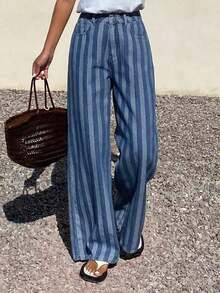 Jeans rectos de ajuste holgado con parches de cuadros y rayas para mujer, uso casual de oficina, otoño/primavera - Azul - Ver 4