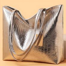 New Crocodile Print Women's Fashion Tote Bag, Simple And Spacious Women's Shoulder Bag, Everyday Commuting Handbag, Shopping And Travel Item Organizer, Phone Bag And Wallet, Back-To-School Season Book And Item Bag - 金色 - 查看 3