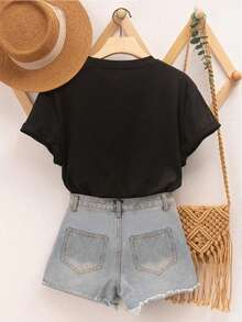 Camiseta de manga corta redonda con estampado de dinero para mujeres para la primavera y el verano. - Negro - Ver 2