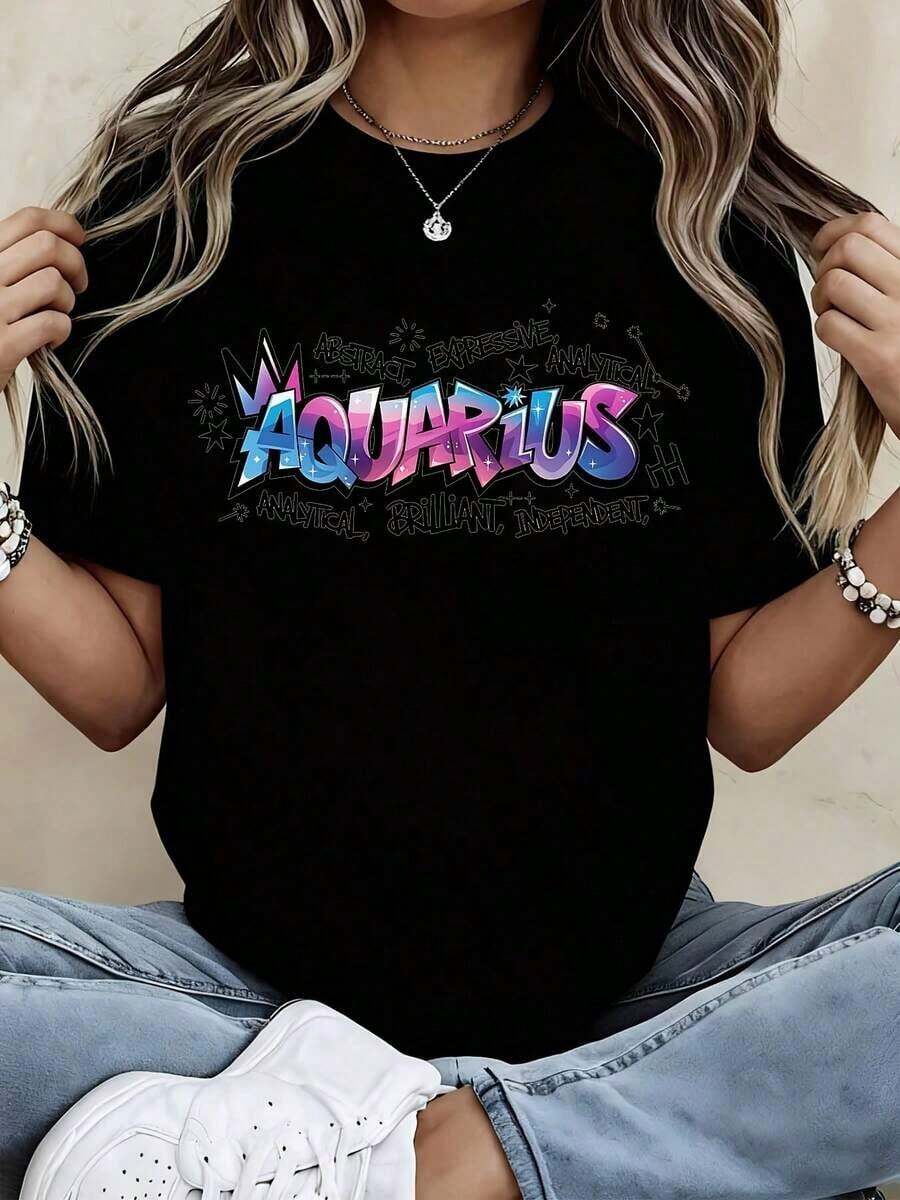 1 Piece Of Loose-Fitting Casual T-Shirt With Aquarius Zodiac Sign Graphic Print, Abstract, Expressive, Analytical, Bright And Independent Design For Daily Wear And Sports Activities, 180g 100% Cotton. - 黑色 - 查看 1