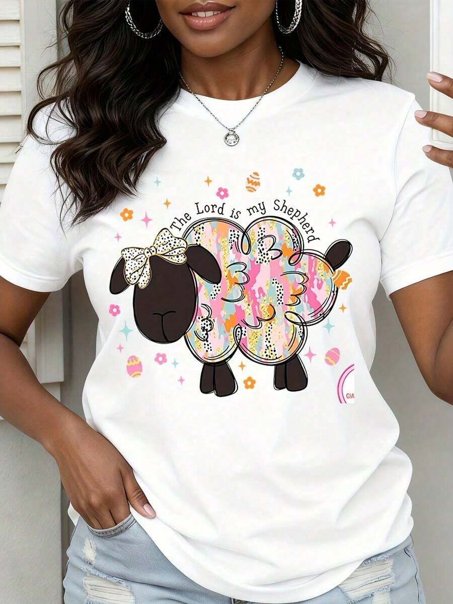 1 Piece Cute Sheep Print T-Shirt, Floral Design "The Lord Is My Shepherd", Spring Easter Clothes, Casual T-Shirt For Women, Christian Faith Statement T-Shirt, 180g 100% Cotton - 白色 - 查看 1