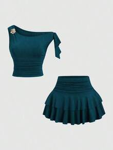 Conjunto de top de tirantes y minifalda plisada y con decoración de flores metálicas para mujer, ideal para el verano - Agua verde azul - Ver 9