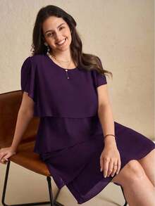 Reflora Vestido de moda con cuello redondo, mangas con volantes y estampado floral para mujer de talla grande - Morado - Ver 7