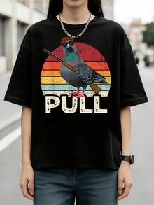 Cool Pigeon Gun Retro Sunset Funny Humor Graphic Cotton Summer Short Sleeve T-Shirt - Black - View 6