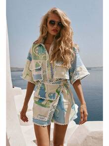 Abstract Print Shirt & Wrap Skirt Set With Scallop Trim, Casual Vacation Wear - 花色 - 查看 7