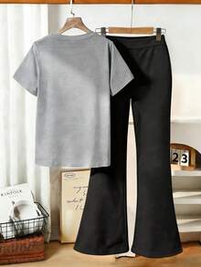 1 Conjunto de Camiseta de Manga Corta con Estampado de Lazo y Pantalones Acampanados, Adecuado para Adolescentes. Regalo Perfecto de Verano para Uso Escolar y Exterior, Primavera/Verano - Multicolor - Ver 2