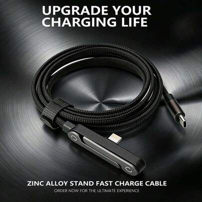 2-In-1 Invisible Stand Charging Cable - 240W Super Fast USB C Cord With Built-In Phone Holder For Gaming, Office, Car Travel, Black