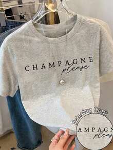Camiseta de manga corta con cuello redondo y estampado de letras, de uso casual y versátil para uso diario - Gris Claro - Ver 5