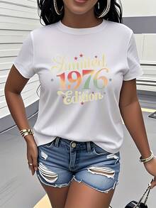 Women's Short Sleeve T-Shirt, Limited Edition 1976, Vintage Gradient Print - Casual Crew Neck Top With Star Embellishments, Machine Washable, Stylish And Versatile For Everyday And Party Wear, A Birthday Gift For Your Girlfriend, Women's Shirt With Modern Print, Clothing For All Seasons. - 白色 - 查看 6