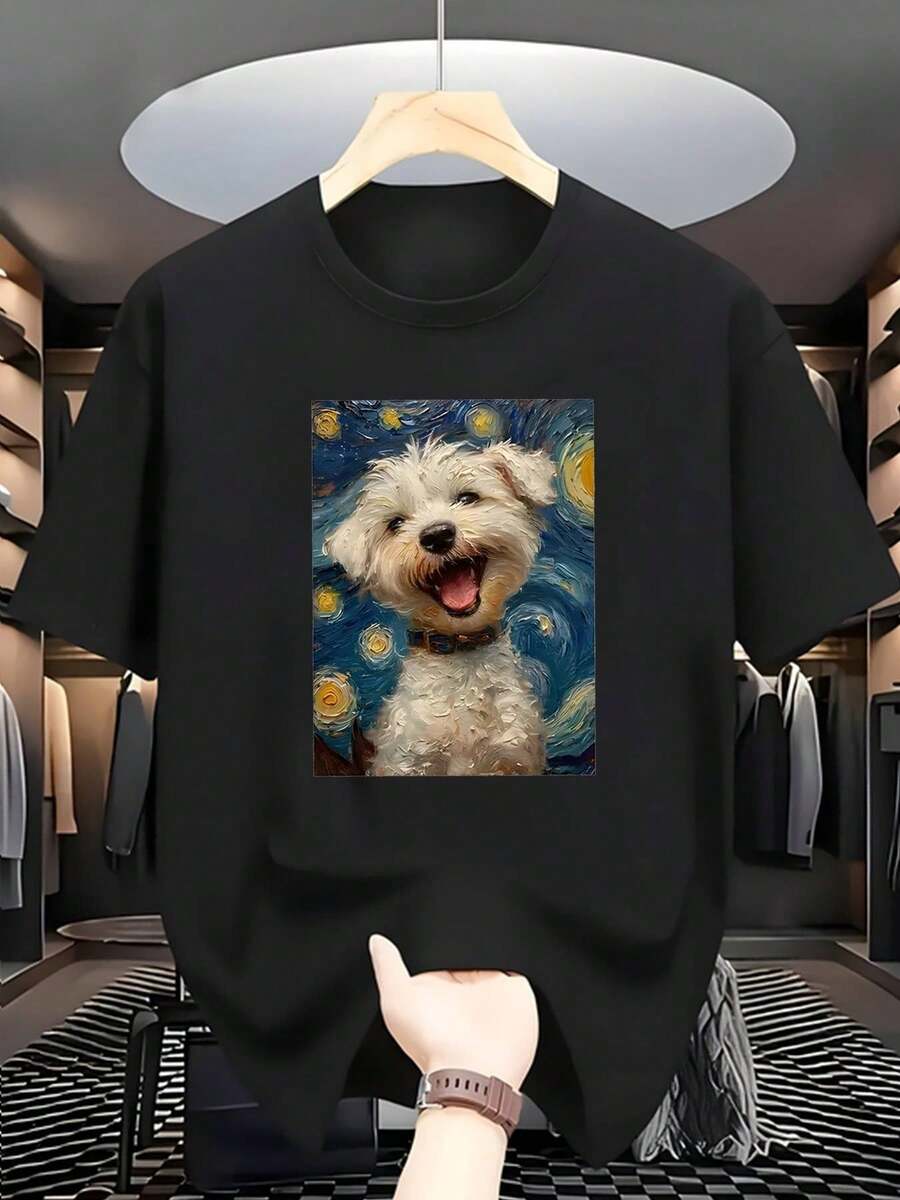 Camiseta de manga corta ligera y transpirable para hombre - Estampado artístico con temática de cachorros, cuello redondo informal, perfecta para viajes, verano y playa, uso diario, elegante camiseta de verano con estampado divertido, tela Y2k, camiseta. - Negro - Ver 1