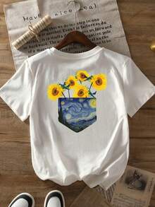 Women's Casual T-Shirt With Front And Back Print, Van Gogh Style With Sunflowers And Starry Sky, Round Neck - Comfortable Fit, Classic Design, Y2k Style - White - View 3