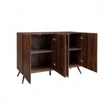 Sideboard In Mid-Century Design, Hallway Cabinet In Walnut Wood Look With 3D Grooves & Arched Doors, Engineered Wood, Adjustable Shelves, Gold-Colored Metal Feet - 棕色 - 查看 10