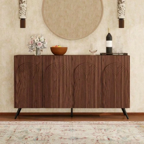 Sideboard In Mid-Century Design, Hallway Cabinet In Walnut Wood Look With 3D Grooves & Arched Doors, Engineered Wood, Adjustable Shelves, Gold-Colored Metal Feet - 棕色 - 查看 1