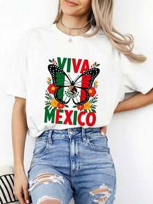 Camiseta Viva México con Bandera de Mariposa Mexicana para el Día de la Independencia, 100% Algodón, Manga Corta, Cuello Redondo, Unisex, Regalo de Orgullo Mexicano, Camiseta con Gráfico Floral de la Monarca, Cinco de Mayo, para el verano. - Blanco - Ver 4