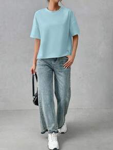 Camiseta holgada de estilo minimalista casual para mujer, con parte delantera corta y parte trasera larga, versátil para usar en la calle, adecuada para primavera y verano - Azul 2 - Ver 3