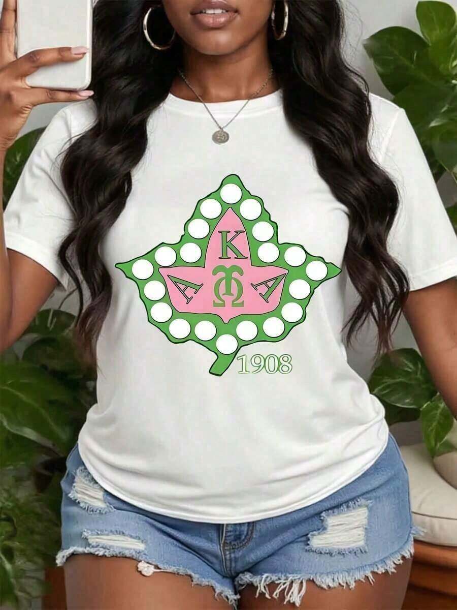 1 Piece Women's Cute Graphic Tee 1908, AKA Print Tee In Pink And Green, Funny Lettering Tee, Cute Girl Set, Casual Short Sleeve Tee, AKA Print Tee, Crew Neck Tee, Comfortable Fit, 180g 100% Cotton, All Prints Are Printed. Unisex. - 白色 - 查看 1