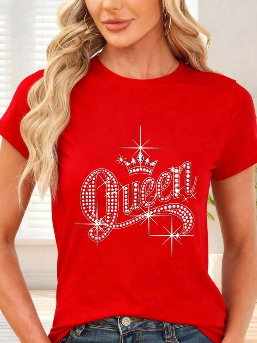 Gift: Women's Black T-Shirt With Crown Print And "Queen" Text With Sparkling Diamonds - Ideal For Casual Occasions And Party Nights - 紅色的 - 查看 1