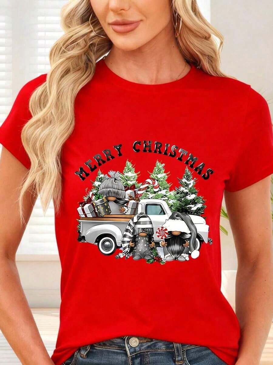 Gift Black Short Sleeve T-Shirt With Christmas Truck And Merry Christmas Print - Ideal For Parties And Winter Season. Suitable For Everyday, Casual Situations And Versatile To Combine. Soft - 紅色的 - 查看 1