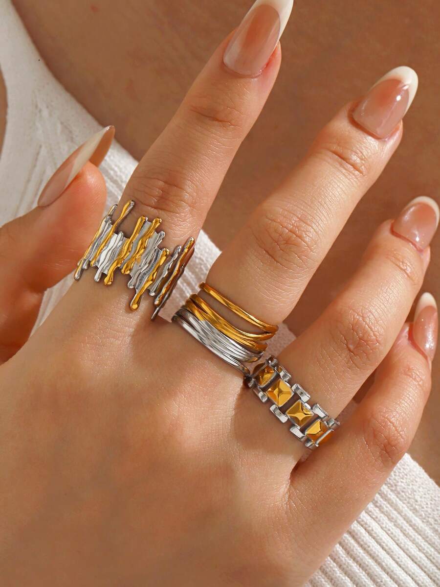 Bộ 3 chiếc nhẫn hở hình học bằng thép không gỉ mạ vàng 18K, thích hợp cho nữ giới đeo hàng ngày và dự tiệc. - Nhiều màu - Xem 1