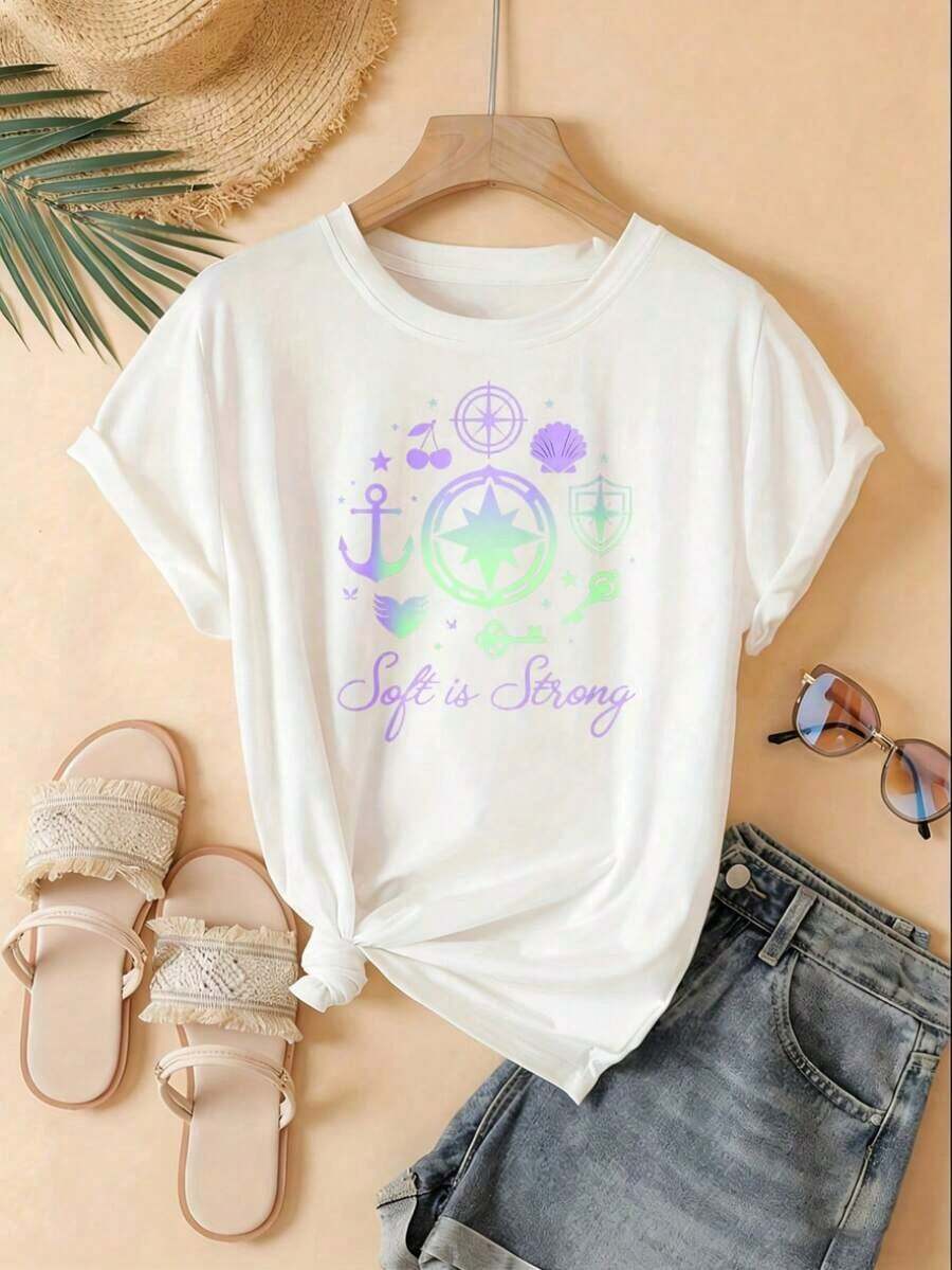 Crew Neck T-Shirt With A Fun Print, 100% Cotton. "Soft Is Strong" Women's T-Shirt With Magical Symbols And A Star Design For Female Empowerment And Spiritual Fashion. Suitable For Sporting Events, Holiday Parties, Outings, Sports, And Other Holiday Gifts. Comfortable, Versatile Short-Sleeved Top. - 白色的 - 查看 1