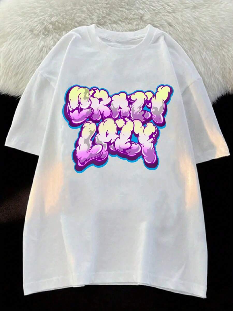 Camiseta Casual de Mujer con Estampado Gráfico y Hombros Caídos - Manga Corta, Cuello Redondo, Corte Holgado con Diseño de Dibujos Animados Vibrantes, 95% Poliéster 5% Spandex, Lavable a Máquina para Ropa Casual de Primavera Verano Y2k - Blanco - Ver 1