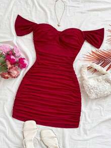 Vestido mini ajustado de punto rojo con hombros descubiertos para mujer, diseño con espalda calada, adecuado para vacaciones, citas, té de la tarde, temporada de bodas, playa, crucero, vacaciones en la ciudad, vacaciones bohemias, festivales de - Rojo 2 - Ver 5