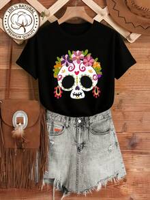 MYAZUL Women's Plus Size Soft Cotton T-Shirt With Mexican Skull Floral Design, Gift For Day Of The Dead, Halloween, Fashionable Summer Dresses For Women, Casual, Perfect For All Seasons, Sizes S M L XL - 黑色 - 查看 7