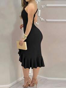 midi elegante y ceñido de mujer con volante en el bajo, cuello asimétrico y abertura - Negro - Ver 3