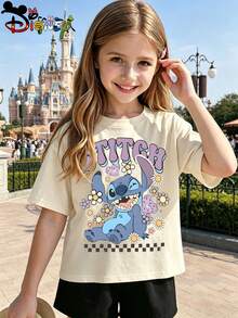 Disney Lilo & Stitch Retro Floral Kids Beige T-Shirt, Breathable & Skin-Friendly Stitch Print Casual Top For Girls, Ideal For Kids' Travel Outfits - Màu be - Xem 1
