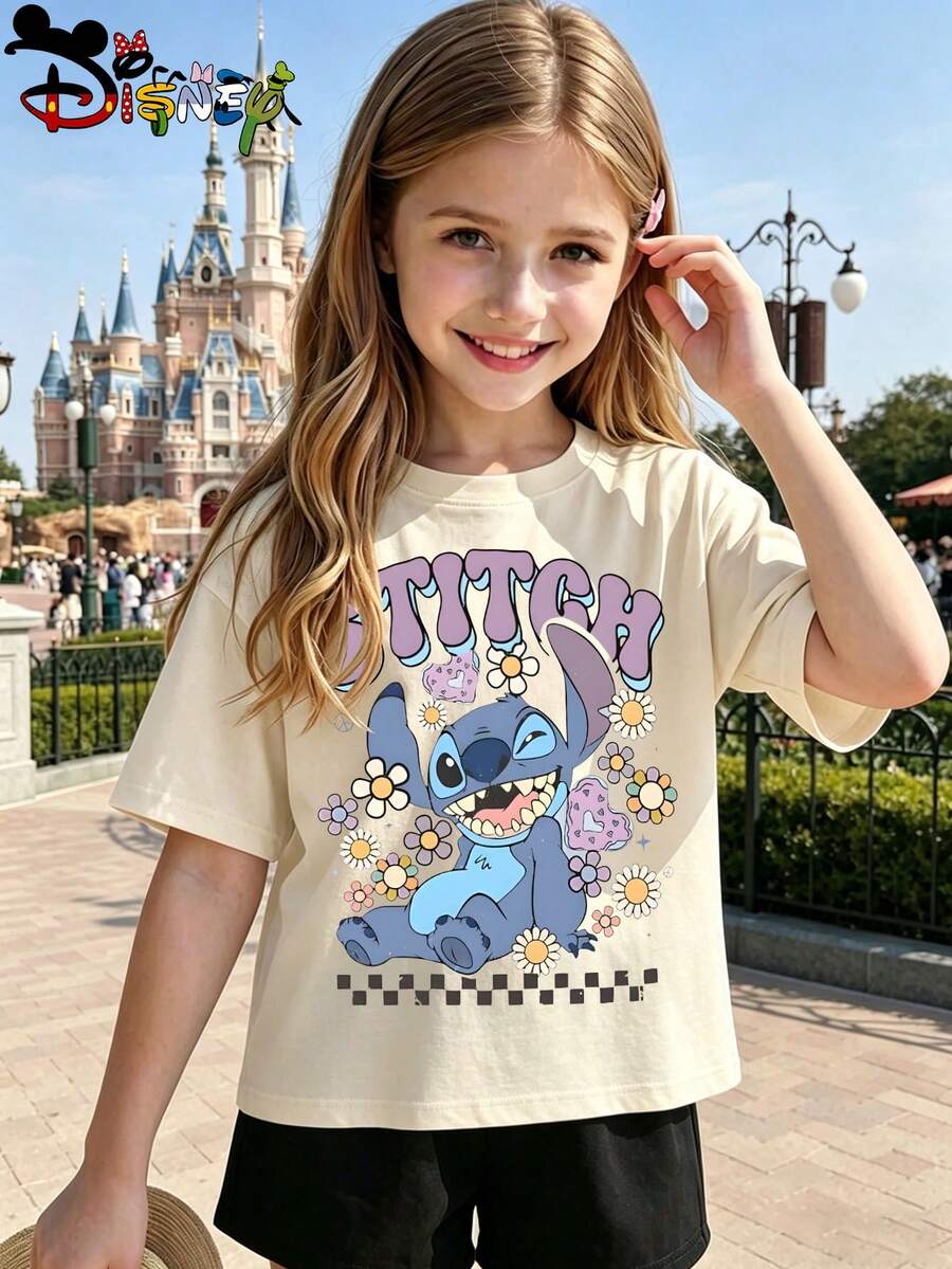 Disney Lilo & Stitch Retro Floral Kids Beige T-Shirt, Breathable & Skin-Friendly Stitch Print Casual Top For Girls, Ideal For Kids' Travel Outfits - Màu be - Xem 1