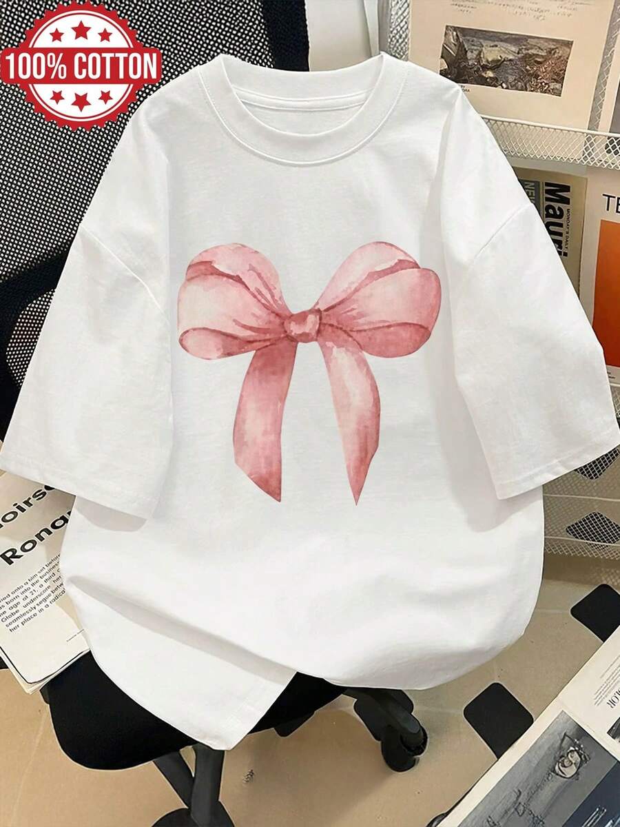 Women's T-Shirt, Casual Summer Top For Women, Watercolor Style, Bow Print, Round Neck, Short Sleeve, Drop Shoulder, Pure Cotton, Oversized T-Shirt [LangK] Tops For Women - 白色 - 查看 1
