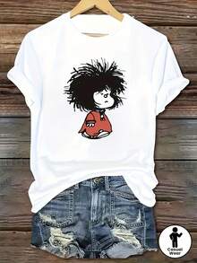 Camiseta suave 100% algodón para mujer, con estampado de peinado de dibujos animados, estilo casual, de manga corta - Top blanco de cuello redondo, lavable a máquina y cómoda para todas las estaciones. Camiseta de algodón transpirable, combina con todo y es fresca. - Blanco - Ver 2
