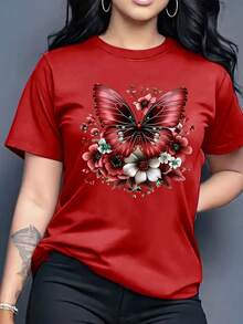 Soft 100% Cotton T-Shirt. A Casual Short-Sleeved, Crew-Neck T-Shirt With A Floral Print, Perfect For Spring And Summer, And Ideal As A Birthday Or Holiday Gift For Women. Breathable Cotton T-Shirt That Goes With Everything. - 紅色 - 查看 3